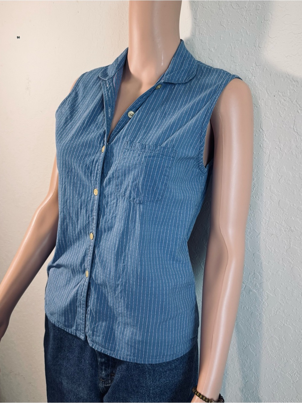 Sleeveless Blue Pinstripe Button-Front Women's Top - Picture 3 of 6
